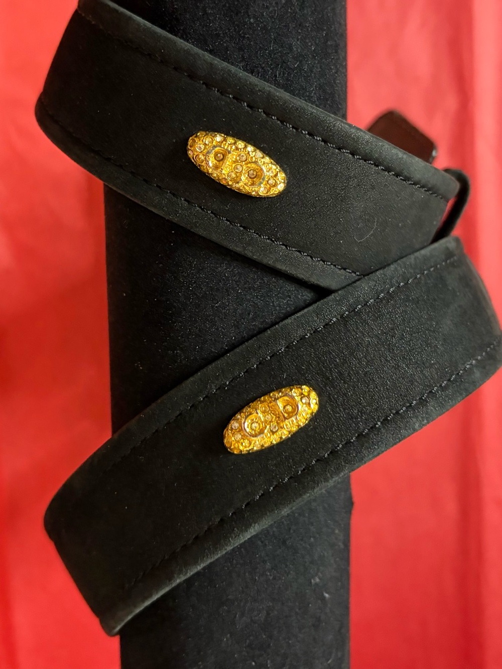 Vintage Christian Dior velveteen black belt with gold tone ovals ‘CD’ embossed